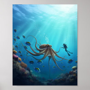 Póster Un buzo detecta una criatura marina gigante