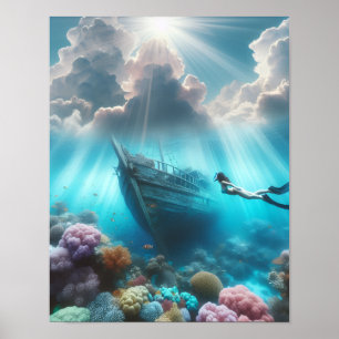 Póster Un buzo encuentra un barco naufragado en el arreci