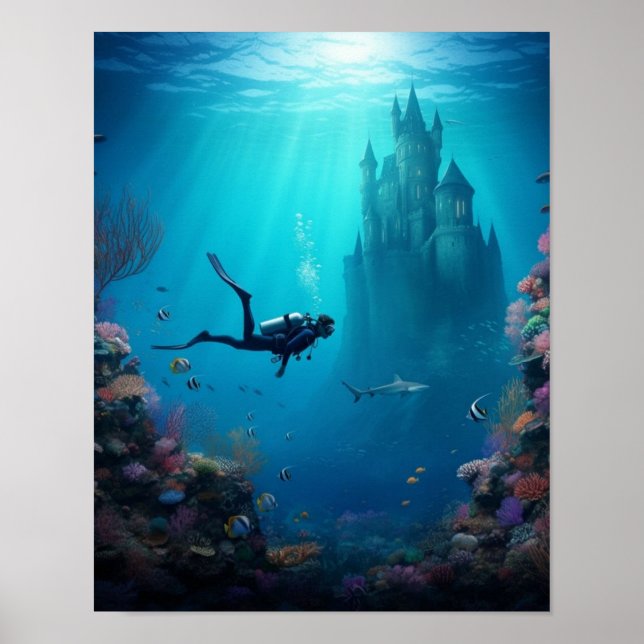 Póster Un buzo encuentra un castillo en el arrecife (Frente)