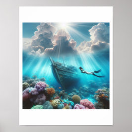 Póster Un buzo hermoso encuentra un barco naufragado en e