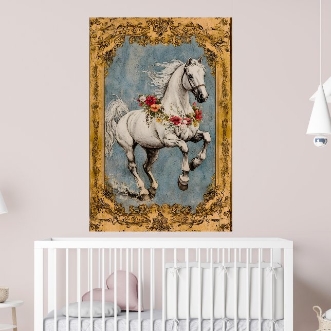 Póster Un caballo blanco adornado con una guirnalda de fl (Guardería 2)
