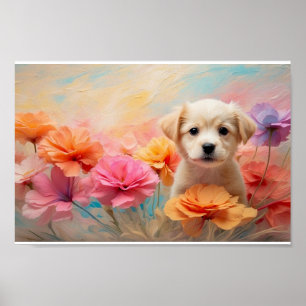 Póster Un cachorro descargable rodeado de flores pastel