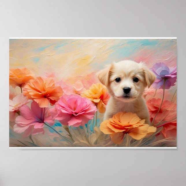 Póster Un cachorro descargable rodeado de flores pastel (Frente)