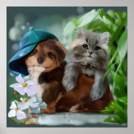 Póster Un cachorro y un gatito gris