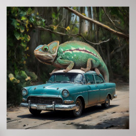 Póster Un camaleón encaramado sobre un coche en una pintu