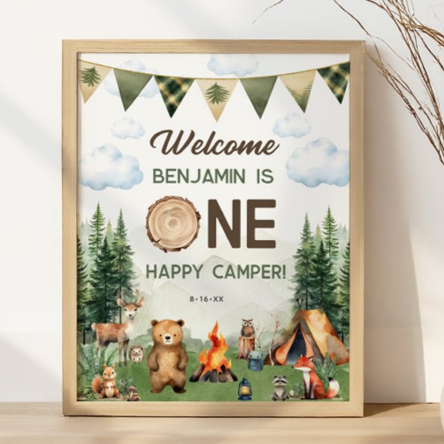 Póster Un Camper Feliz Primer Cumpleaños 16x20 Bienvenida (One Happy Camper First Birthday 16x20 Welcome Poster
)