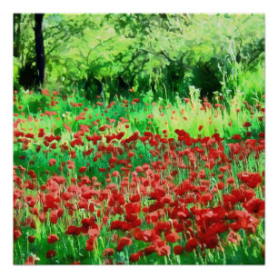 Póster Un Campo De Arte Paisajístico De Flores Rojas
