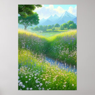 Póster Un campo de hierba junto al arroyo