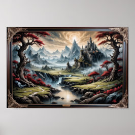 Póster Un castillo en un paisaje de cuento de fantasía