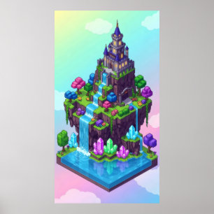 Póster Un castillo isleño de ensueño con cascadas