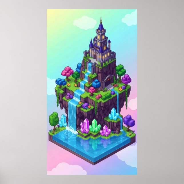 Póster Un castillo isleño de ensueño con cascadas (Frente)