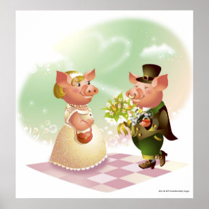 Póster Un cerdo macho le da un ramo de flores a una cerdo