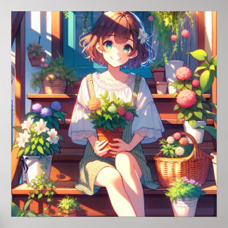 Póster Un Chica de anime lindo sostiene una planta