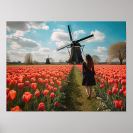 Póster Un chica en un campo de tulipán