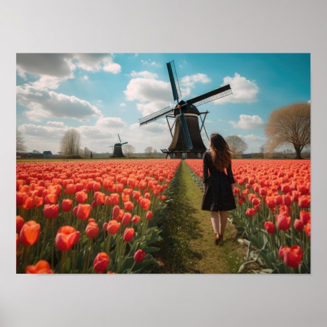 Póster Un chica en un campo de tulipán (Frente)