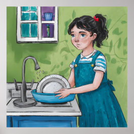 Póster Un chica lava platos en una cocina verde.