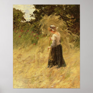 Póster Un chica que cosecha el heno, siglo XIX