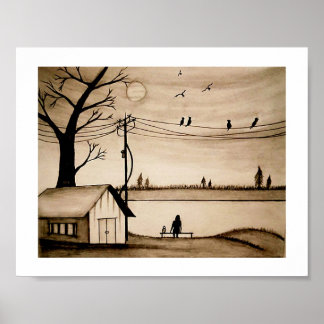 Póster Un Chica solitario en el bosquejo de la puesta de 