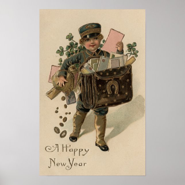 Póster Un chico de correo irlandés feliz en Año Nuevo (Frente)