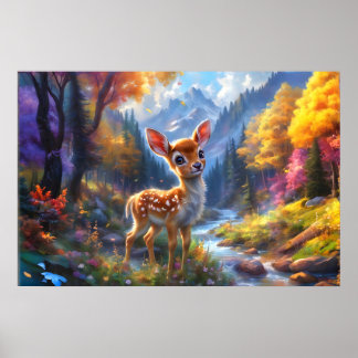 Póster Un ciervo bebé adorable en un bosque encantado