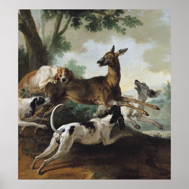 Póster Un ciervo perseguido por perros, 1725 (Frente)