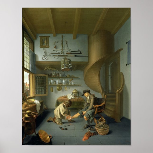 Póster Un cirujano barbero cuidando el pie de un campesin (Frente)