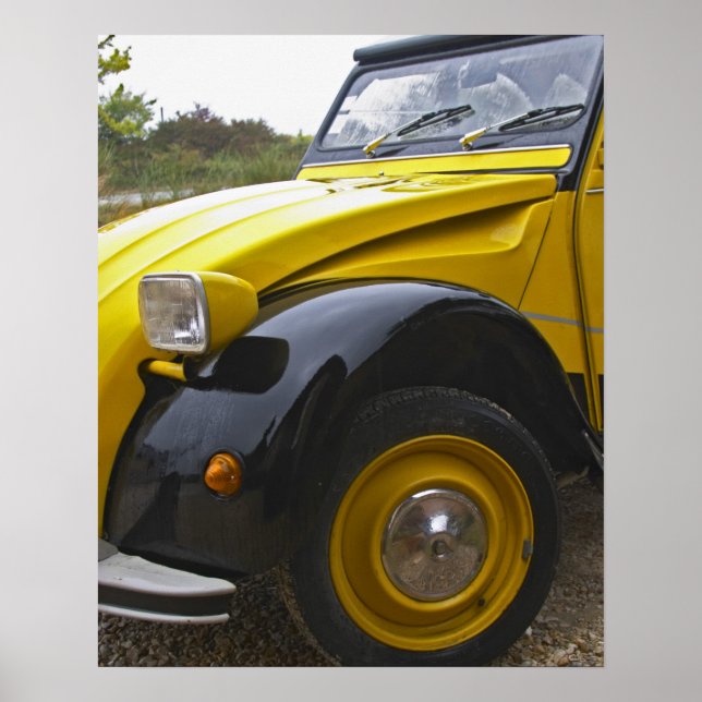 Póster un Citroen antiguo negro y amarillo 2CV 2 CV, (Frente)