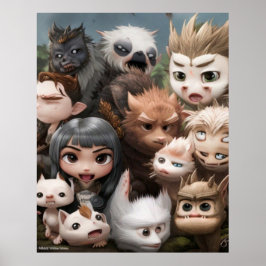 Póster Un colorido grupo de lindos animales y un chica