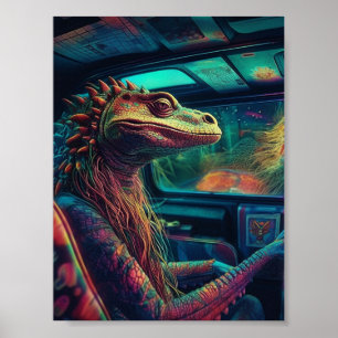 Póster Un colorido lagarto psicodélico en un vehículo