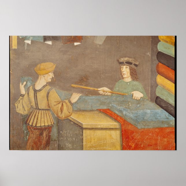 Póster Un comerciante de tela que mide la tela (Frente)