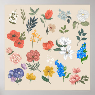 Póster Un conjunto de flores y hojas en flor. Hand draw v