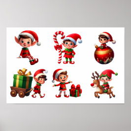 Póster Un conjunto de Navidades elfos en diferentes poses