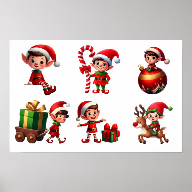 Póster Un conjunto de Navidades elfos en diferentes poses (Frente)