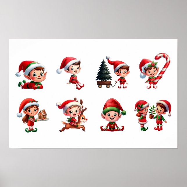 Póster Un conjunto de Navidades elfos en diferentes poses (Frente)