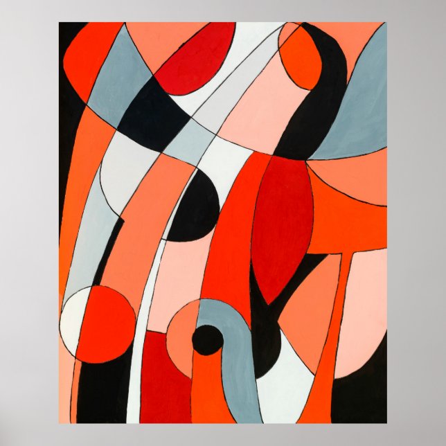 Póster Un cuadro abstracto de negro curvo, blanco y rojo (Frente)