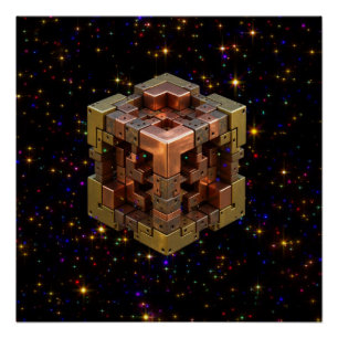 Póster Un Cubo Fractal Metálico Con Estallidos de Estrell