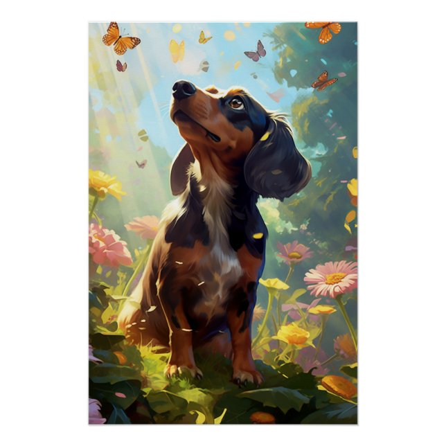 Póster Un curioso Dachshund con mariposas (Anverso)