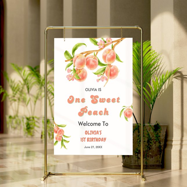 Póster Un dulce Chica de fruta de pimienta Primer cumplea (One Sweet Peach Fruit Girl 1st Birthday Welcome Sign )