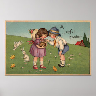 Póster Un EasterKids alegre que sostiene un conejito