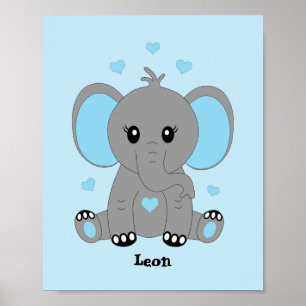 Póster Un elefante de bebé lindo en azul para los niños