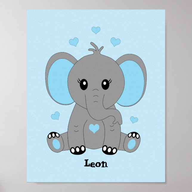 Póster Un elefante de bebé lindo en azul para los niños (Frente)