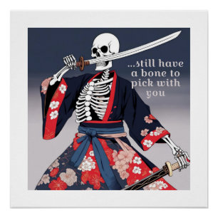 Póster Un Esqueleto En Kimono Con Una Espada Samurai