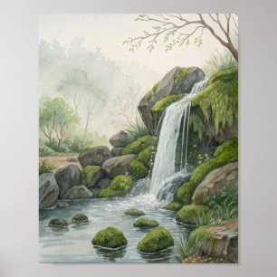 Póster Un estudio de una cascada boscosa serena en acuare