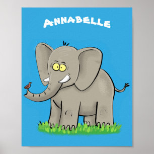 Póster Un extraño elefante gracioso con un pájaro en el p