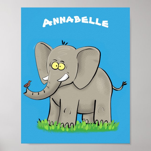 Póster Un extraño elefante gracioso con un pájaro en el p (Frente)