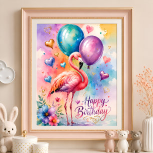 Póster Un flamenco lindo con globos corazón cumpleaños 