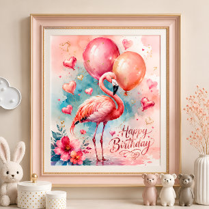 Póster Un flamenco lindo con globos corazón cumpleaños