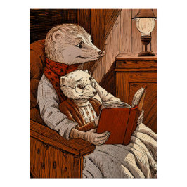 Póster Un furet lisant un libre a un jeune furet 