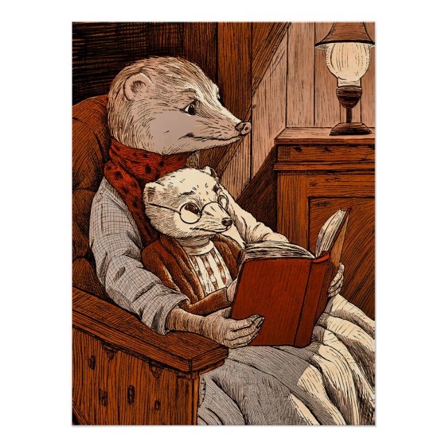 Póster Un furet lisant un libre a un jeune furet  (Anverso)