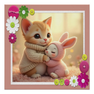 Póster Un gatito adorable y un pequeño conejo para bebés,